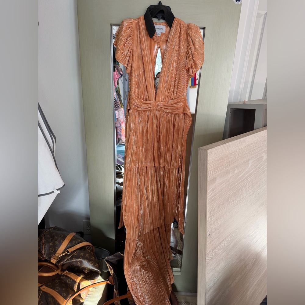 Sabina Musayev Metallic Peach-Orange Pleated Maxi Dress